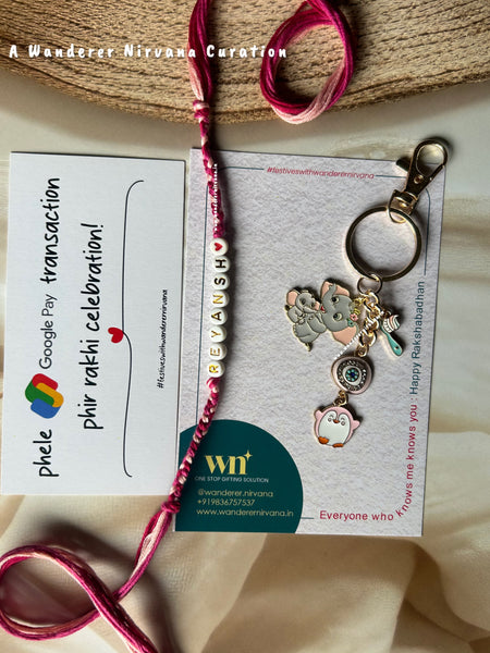 Penguin Elephant Name Rakhi Keychain Combo