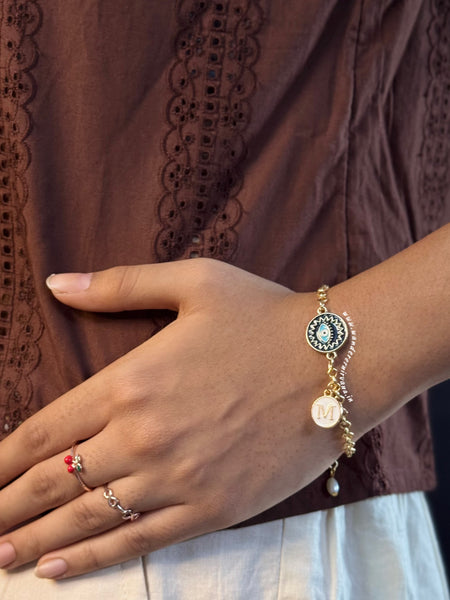 Safar Evileye Pearl Bracelet with Initial