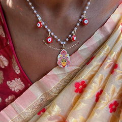 Durga Blessing Neckpiece (Red) with pearl chain and red evil eye charm