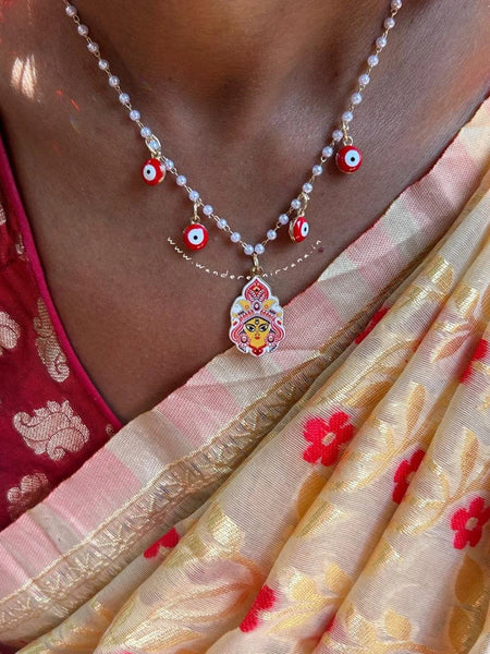 Durga Blessing Neckpiece (Red) with pearl chain and red evil eye charm
