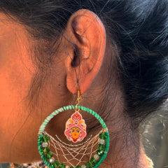 Discover the Bhairavi Durga Earrings in Shades of Green. Handcrafted, lightweight, and perfect for festive or everyday wearShop now at Wanderer Nirvana!