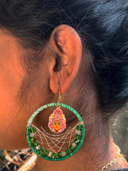 Discover the Bhairavi Durga Earrings in Shades of Green. Handcrafted, lightweight, and perfect for festive or everyday wearShop now at Wanderer Nirvana!