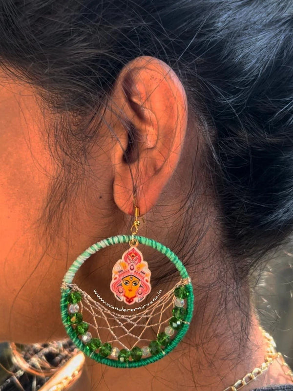 Discover the Bhairavi Durga Earrings in Shades of Green. Handcrafted, lightweight, and perfect for festive or everyday wearShop now at Wanderer Nirvana!