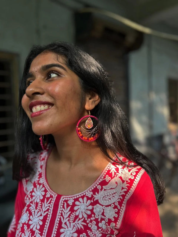 Nandini-durga-earrings-pink-and-orange-handcrafted-lightweight-wanderer-nirvana