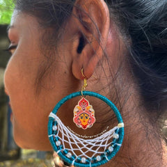 Shop the Chitra Durga Earrings in Turquoise Blue and White. Handcrafted, lightweight, perfect for festive and daily wear. Explore now!