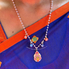 Durga Blessing Neckpiece (Blue) with pearl chain, blue and orange evil eye charms