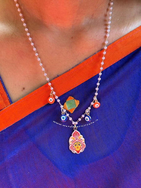 Durga Blessing Neckpiece (Blue) with pearl chain, blue and orange evil eye charms