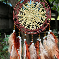 Cookie & Cream Dreamcatcher Handcrafted Cookie & Cream Dreamcatcher Dreamcatcher with Crochet, Brown Feathers, and White Pearls