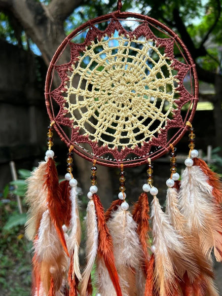 Cookie & Cream Dreamcatcher Handcrafted Cookie & Cream Dreamcatcher Dreamcatcher with Crochet, Brown Feathers, and White Pearls