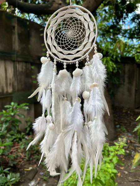 White Rabbit Dreamcatcher Handcrafted White Rabbit Dreamcatcher White Dreamcatcher with Feathers, Pearls, and Shells