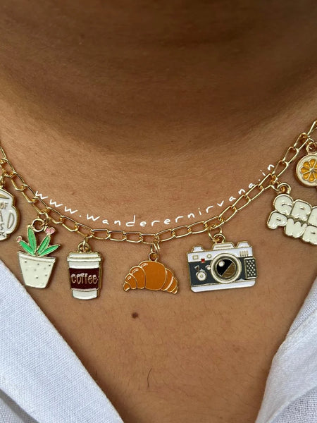 Vacation Mood Multi-Charm Neckpiece: Tea, plant, coffee, croissant, camera, girl power, and juice charms