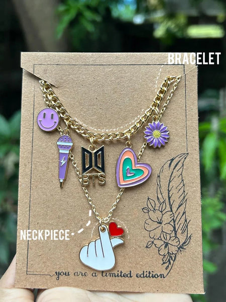 BTS Stack Matching BTS Bracelet and Neckpiece Set BTS-themed BTS Stack with purple charms
