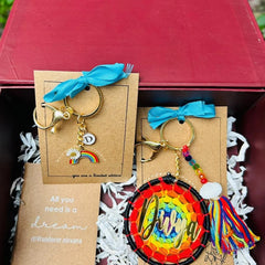 Rainbow Hamper Box: Maroon magnetic box, rainbow dreamcatcher keychain, alphabet keychain, mini diary