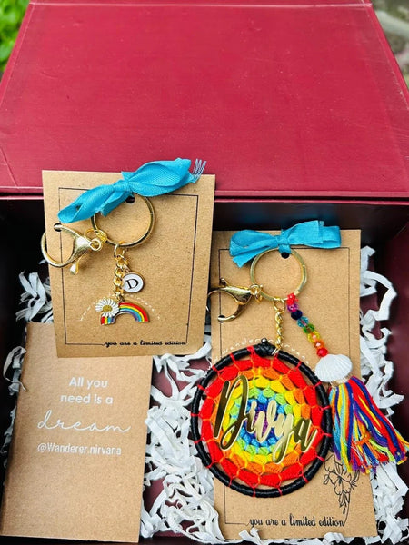Rainbow Hamper Box: Maroon magnetic box, rainbow dreamcatcher keychain, alphabet keychain, mini diary