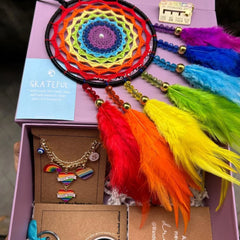 June Hamper Box: Lavender box, rainbow dreamcatcher, Ying Yang keychain, June Stack, My Pronouns Brooch, mini diary