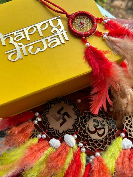 Diwali Delight Hamper Box Yellow box Diwali Delight Hamper with dreamcatchers and candles Festive Diwali Delight Hamper Box for gifting