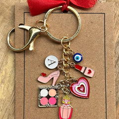 Fashionista Keychain with lipstick and heel charms Customizable Fashionista Keychain with personalized alphabet charm Stylish Fashionista Keychain with makeup palette and perfume charm