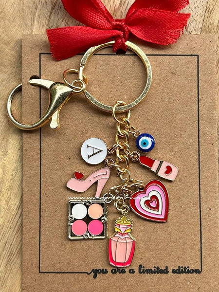 Fashionista Keychain with lipstick and heel charms Customizable Fashionista Keychain with personalized alphabet charm Stylish Fashionista Keychain with makeup palette and perfume charm