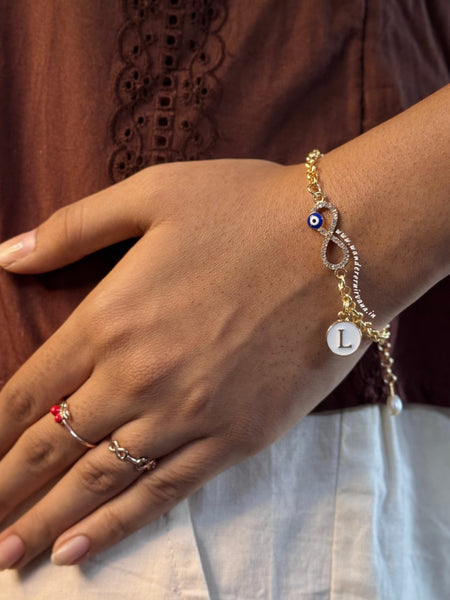 Infinity Evileye Pearl Bracelet with Initial
