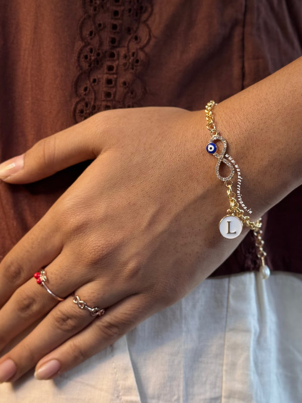 Infinity Evileye Pearl Bracelet with Initial