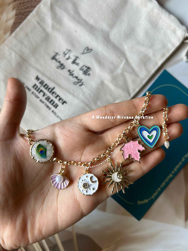 Morphank Purple Shell Universe Sun Maple Leaf Heart Bracelet with pearl drop