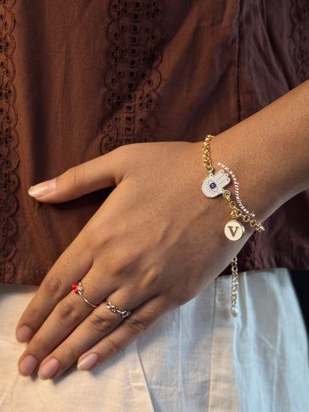 Saanjh Hamsa Evileye Pearl Bracelet with Initial