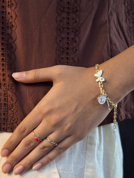 Butterfly Evileye Pearl Bracelet with Initial
