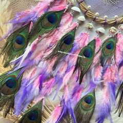 Dreamy Pink Lavender Purple Wreath Ring Intricate Weave with pearl shells and Mayur pankh