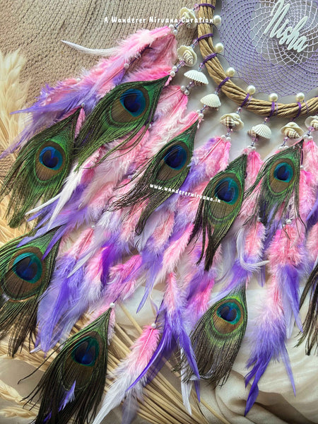 Dreamy Pink Lavender Purple Wreath Ring Intricate Weave with pearl shells and Mayur pankh