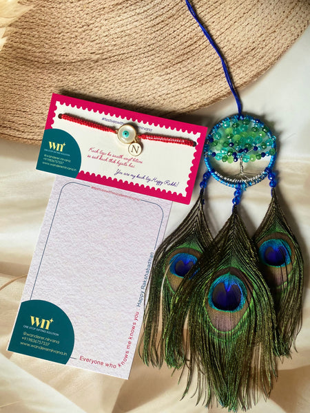 White Evil Eye Rakhi Morpankh Combo