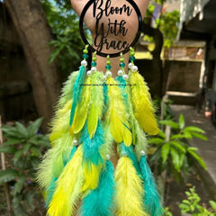 Bloom with Grace Dreamcatcher in yellow and green shades Handcrafted Bloom with Grace Dreamcatcher with white pearls Elegant Bloom with Grace Dreamcatcher for home décor