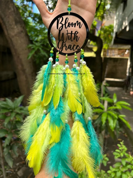 Bloom with Grace Dreamcatcher in yellow and green shades Handcrafted Bloom with Grace Dreamcatcher with white pearls Elegant Bloom with Grace Dreamcatcher for home décor