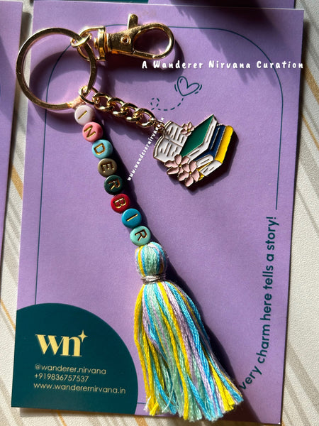Personalised Name Boho Keychain with Book Garden
