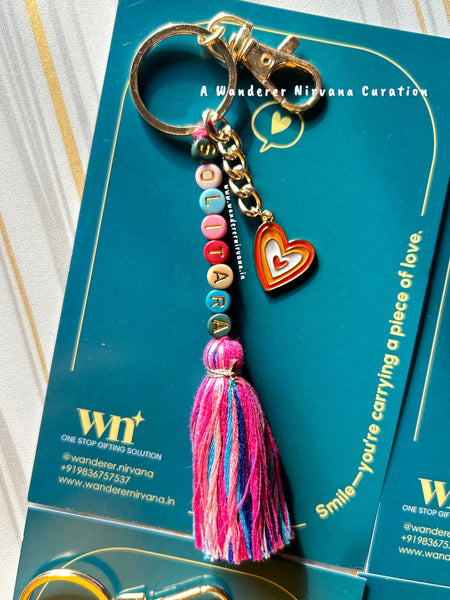 Personalised Name Boho Keychain with Orange Heart
