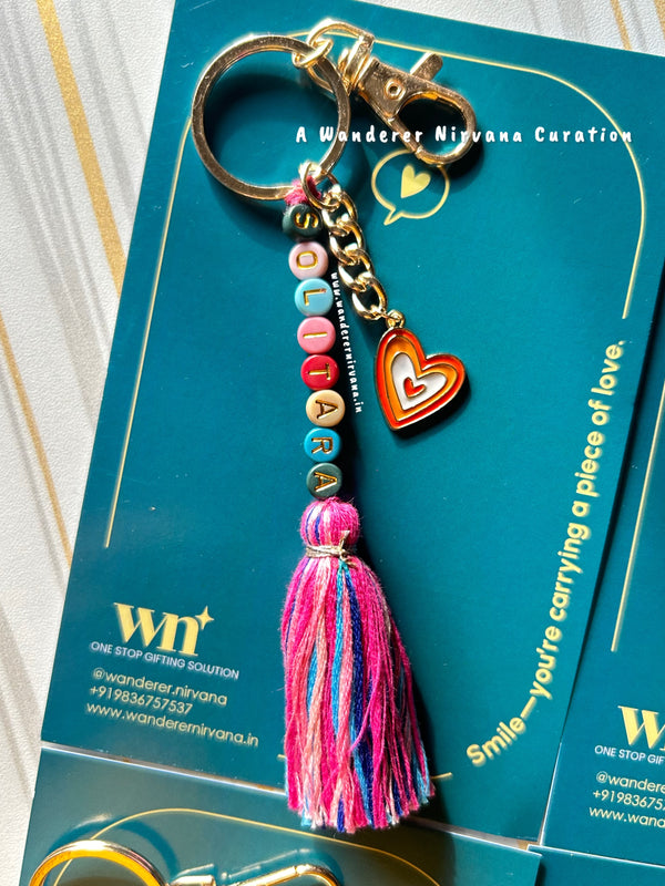 Personalised Name Boho Keychain with Orange Heart