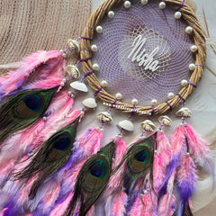 Dreamy Pink Lavender Purple Wreath Ring Intricate Weave with pearl shells and Mayur pankh