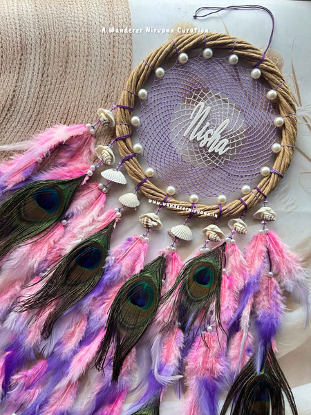 Dreamy Pink Lavender Purple Wreath Ring Intricate Weave with pearl shells and Mayur pankh