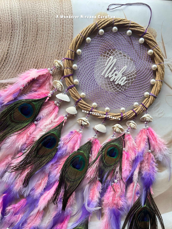 Dreamy Pink Lavender Purple Wreath Ring Intricate Weave with pearl shells and Mayur pankh