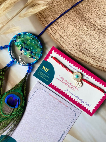 White Evil Eye Rakhi Morpankh Combo