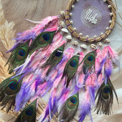 Dreamy Pink Lavender Purple Wreath Ring Intricate Weave with pearl shells and Mayur pankh