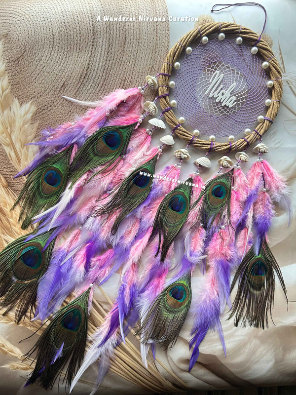 Dreamy Pink Lavender Purple Wreath Ring Intricate Weave with pearl shells and Mayur pankh