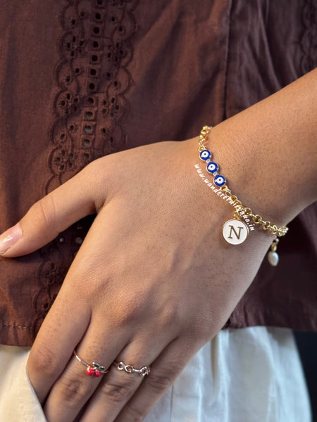 Trinetra Evileye Pearl Bracelet with Initial