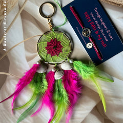Bhaiya Bhabhi Dreamcatcher Tortoise Rakhi Set (GreenPink)