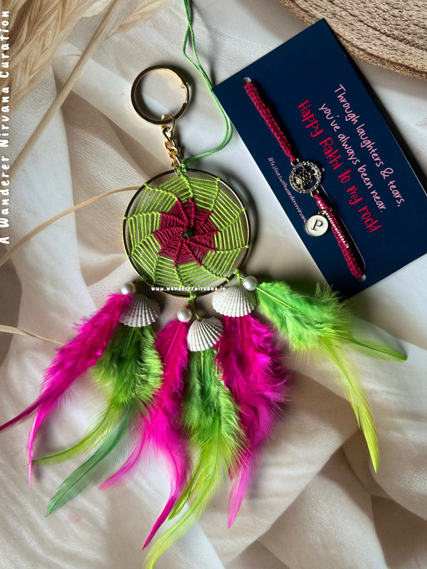 Bhaiya Bhabhi Dreamcatcher Tortoise Rakhi Set (GreenPink)
