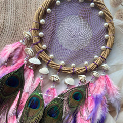 Dreamy Pink Lavender Purple Wreath Ring Intricate Weave with pearl shells and Mayur pankh