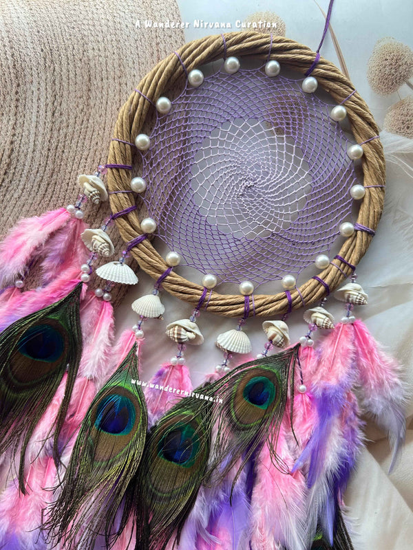 Dreamy Pink Lavender Purple Wreath Ring Intricate Weave with pearl shells and Mayur pankh