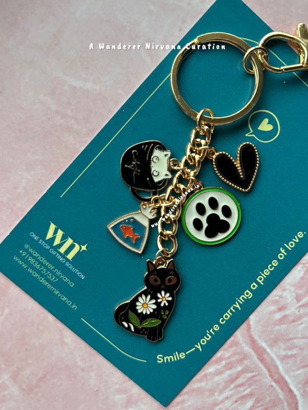 Cat - Fish  Heart Keychain