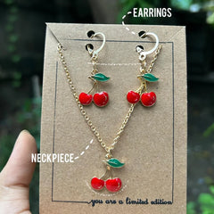 Cherry Neckpiece & Earrings Set Matching Cherry Charm Jewelry Set Cute Cherry Neckpiece & Earrings Set