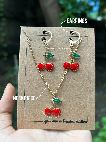 Cherry Neckpiece & Earrings Set Matching Cherry Charm Jewelry Set Cute Cherry Neckpiece & Earrings Set