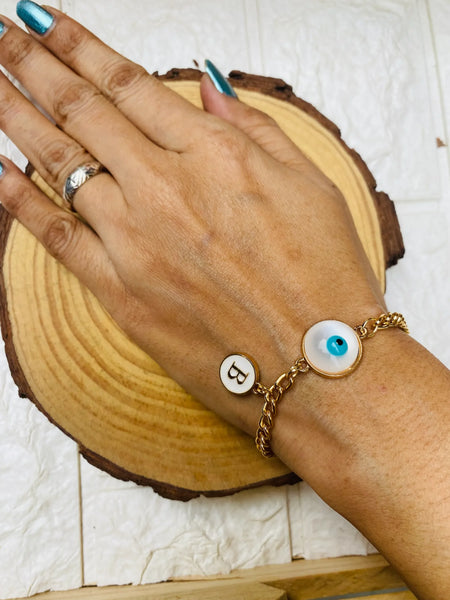White Evil eye Bracelet with Alphabet